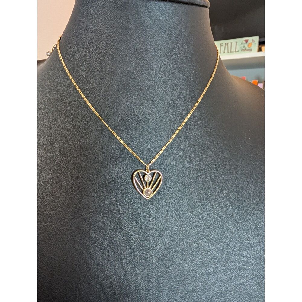 Gold Tone Art Deco Sunburst Open Heart Pendant Necklace
